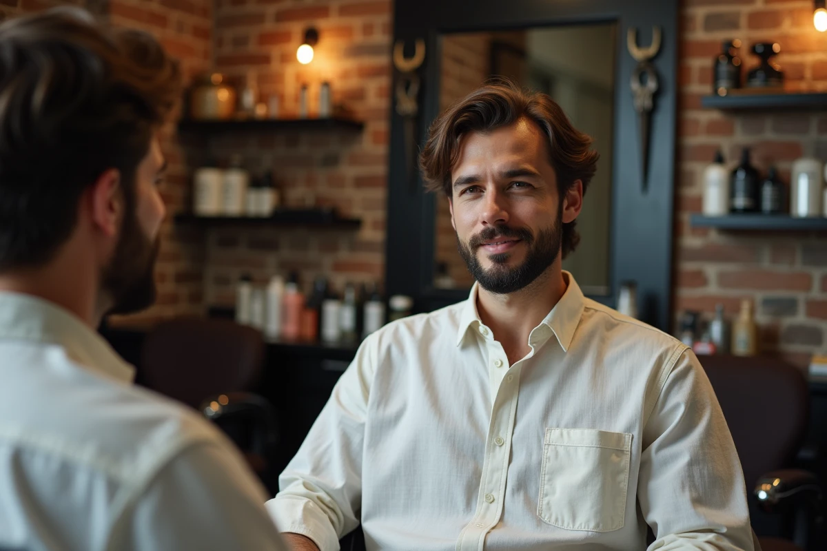 Homme aux cheveux mi-longs et barbe courte soigneusement taillée assis dans un fauteuil de barbier moderne, reflet dans le miroir
