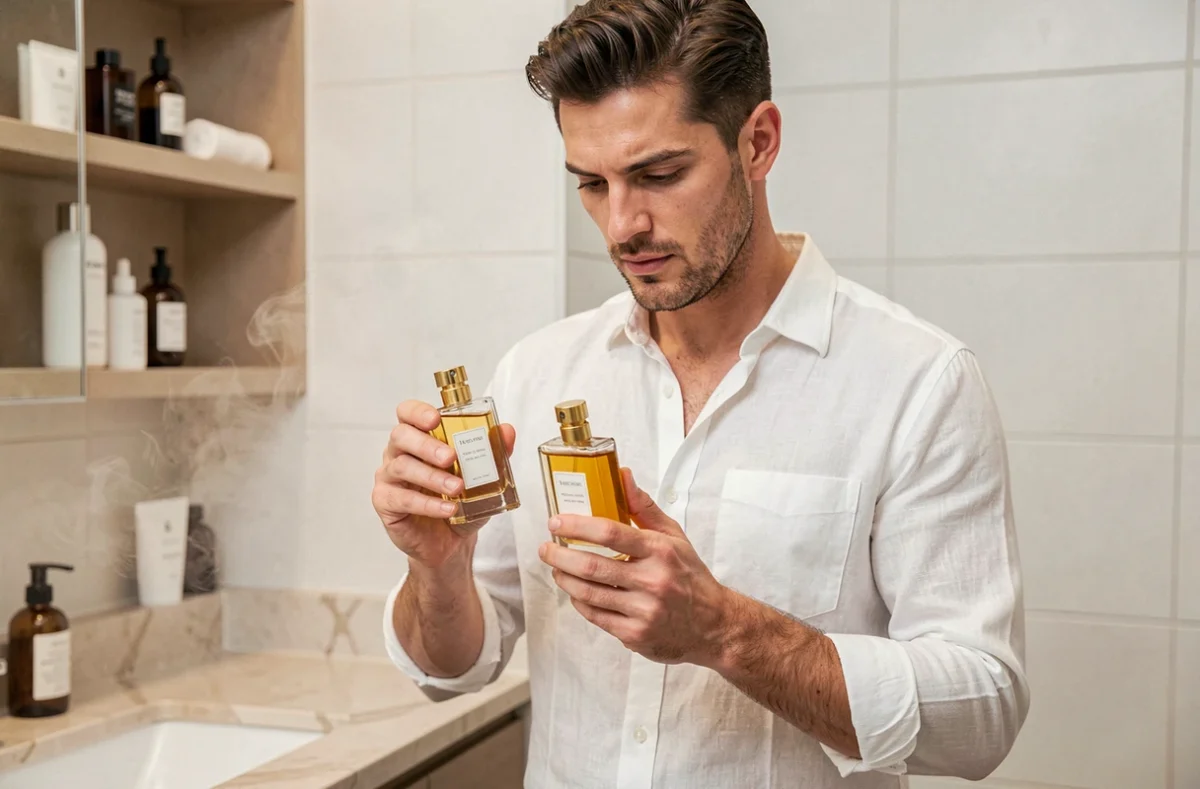 Homme comparant deux flacons de parfum Zara dupe côte à côte dans une salle de bain minimaliste