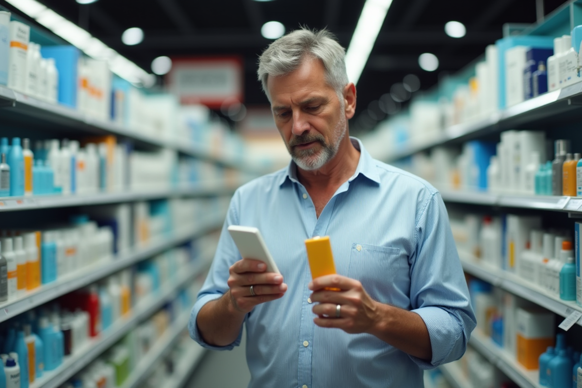 Homme compare etiquettes de produits de soin en magasin