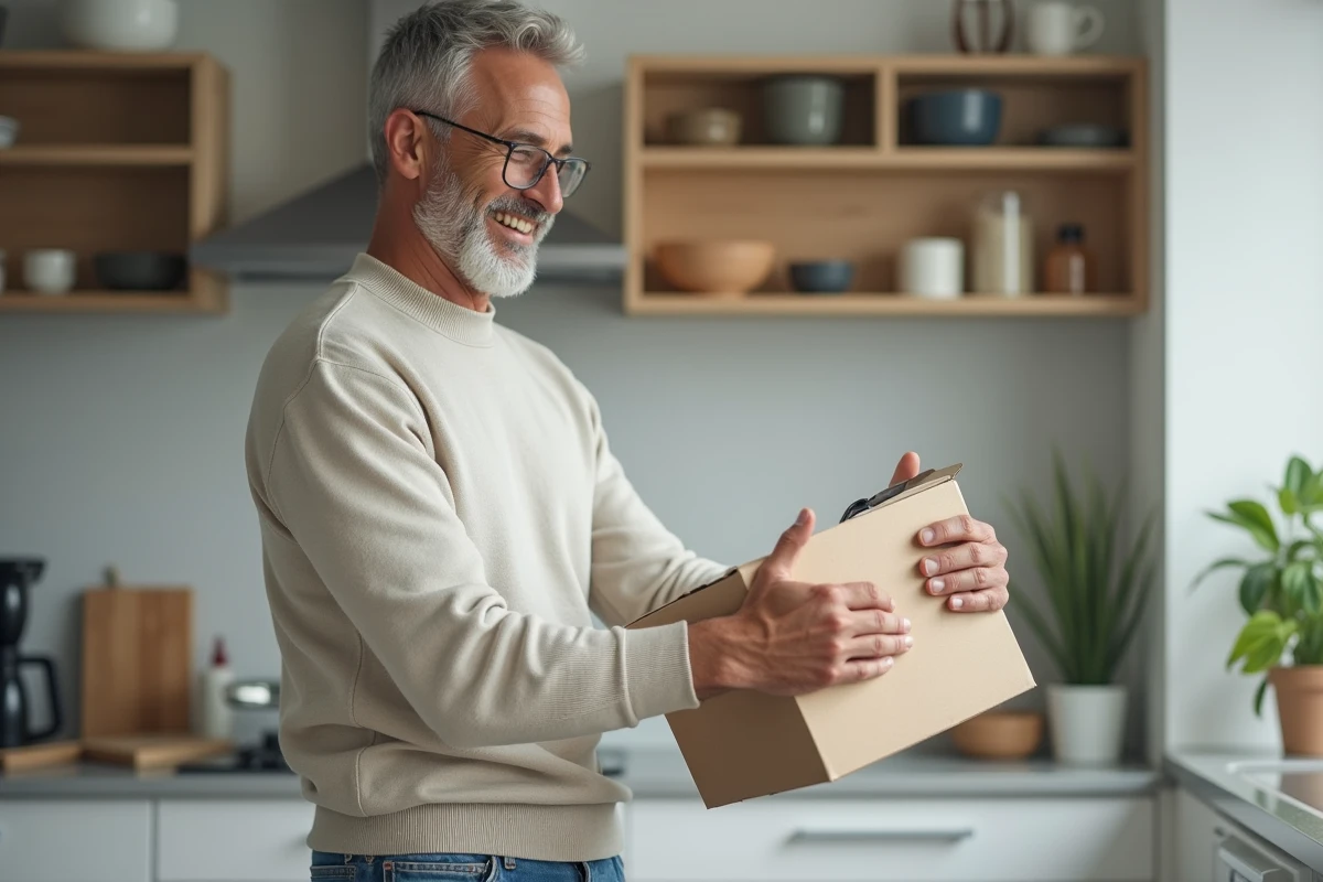 Homme en cuisine déballant un produit avec curiosite