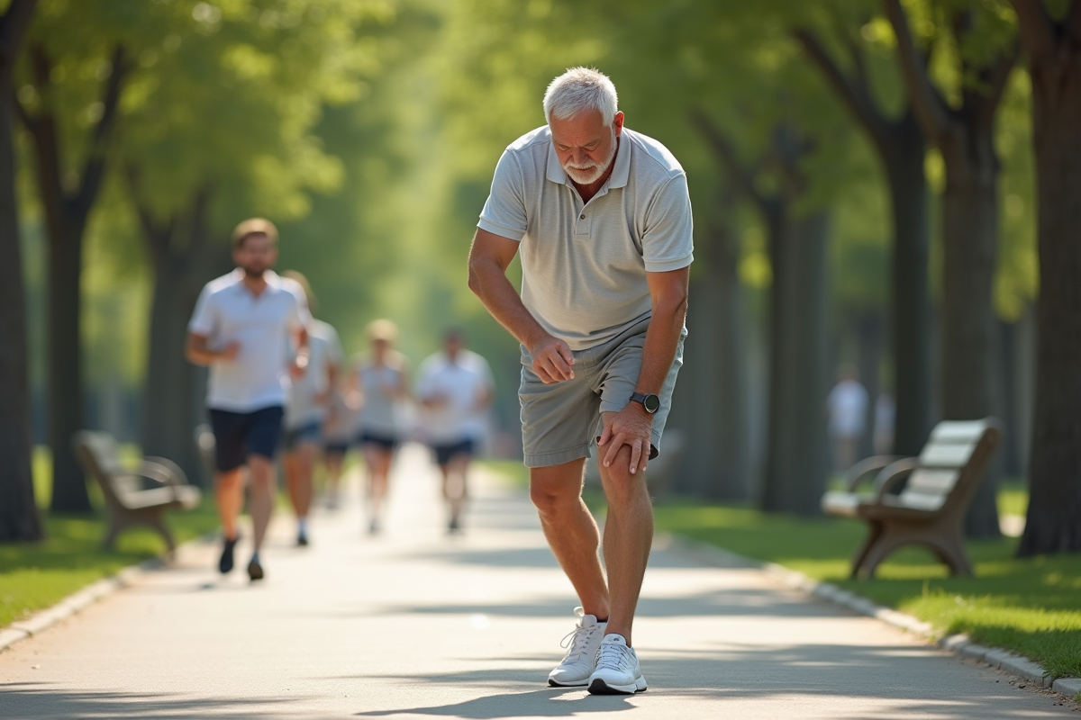 Homme regardant sa jambe dans un parc ensoleille