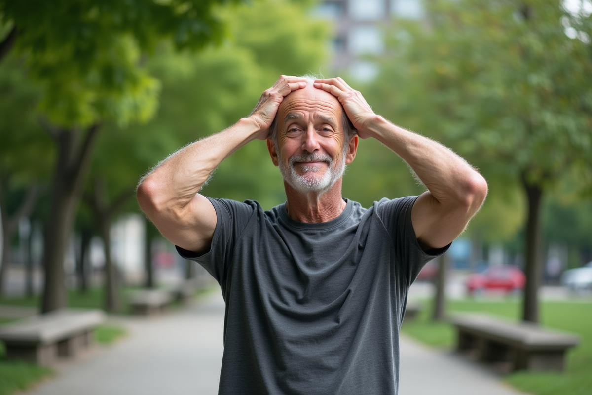 Homme senior faisant un exercice du front dans un parc urbain