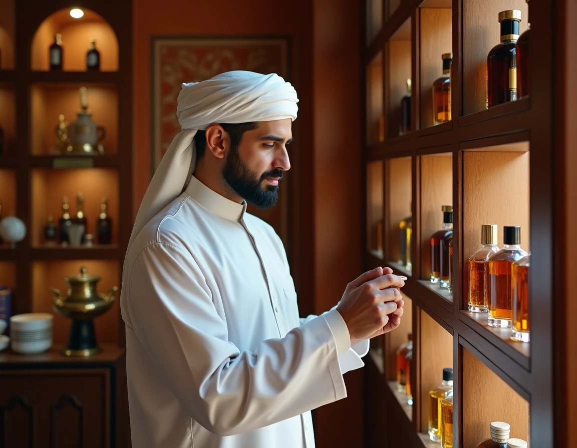 Homme en kandura blanc explorant des flacons de parfum oud dans une boutique de parfumerie arabe traditionnelle