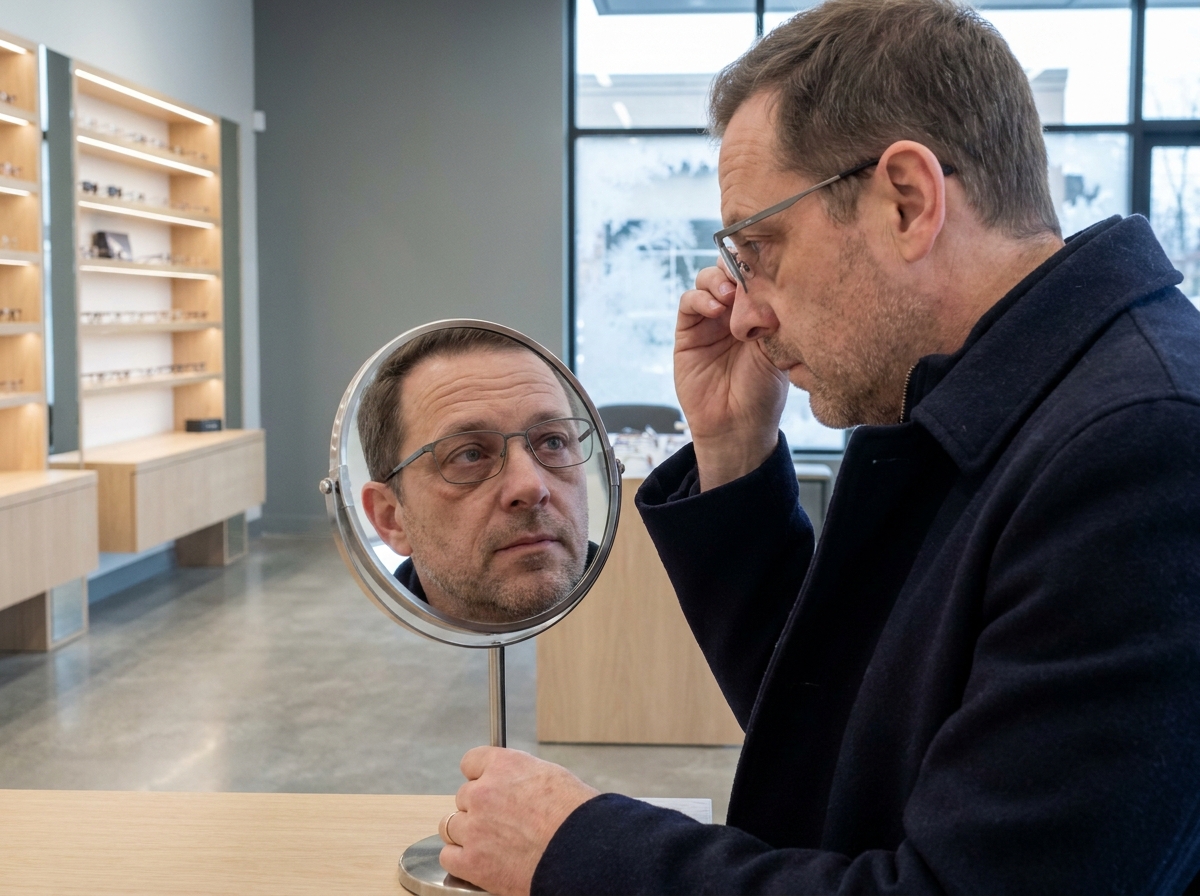 Homme d'âge mûr essayant des lunettes rectangulaires dans une boutique d'optique en hiver