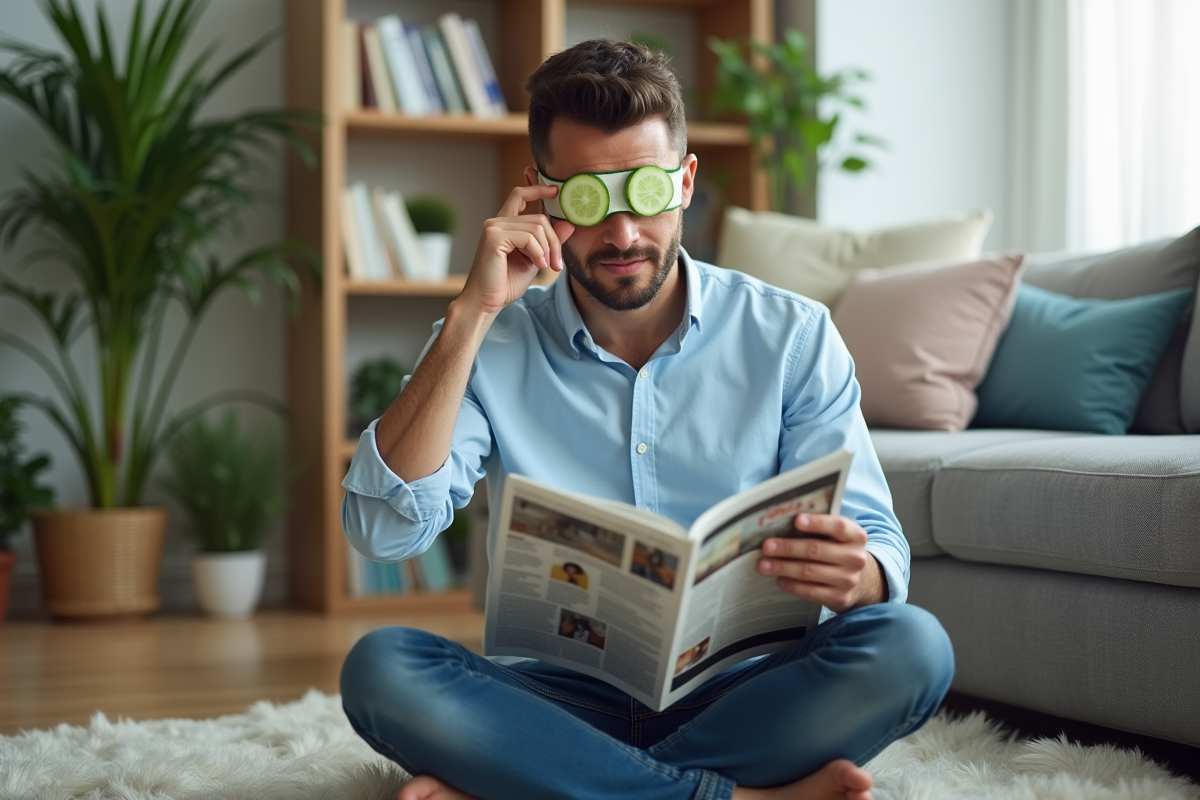Homme appliquant un masque de concombre sous les yeux