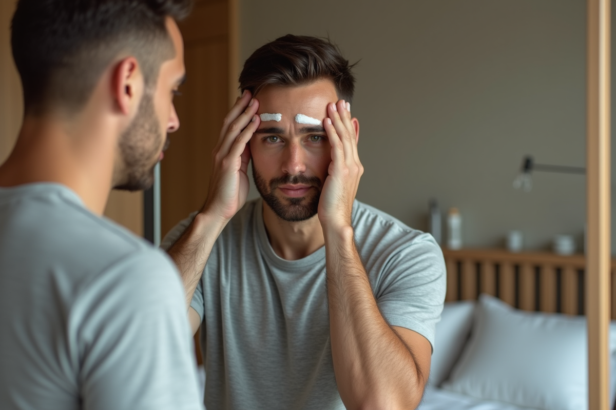 Homme massant un sérum sur son front dans une chambre minimaliste