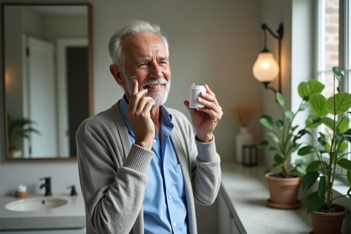 Homme mature appliquant une creme dans sa salle de bain