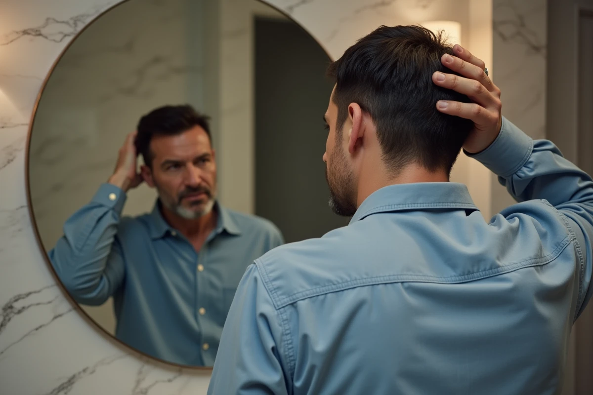 Homme regardant son reflet dans un miroir de salle de bain