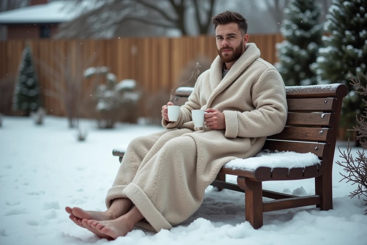 Homme en robe laineux dans un jardin enneige avec tasse chaude