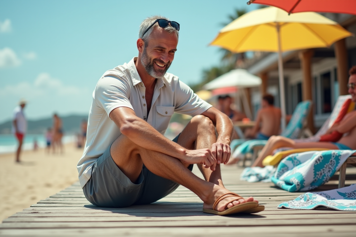 Homme attachant ses sandales sur la promenade
