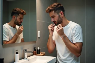 Homme frustré examinant une petite coupure de rasage