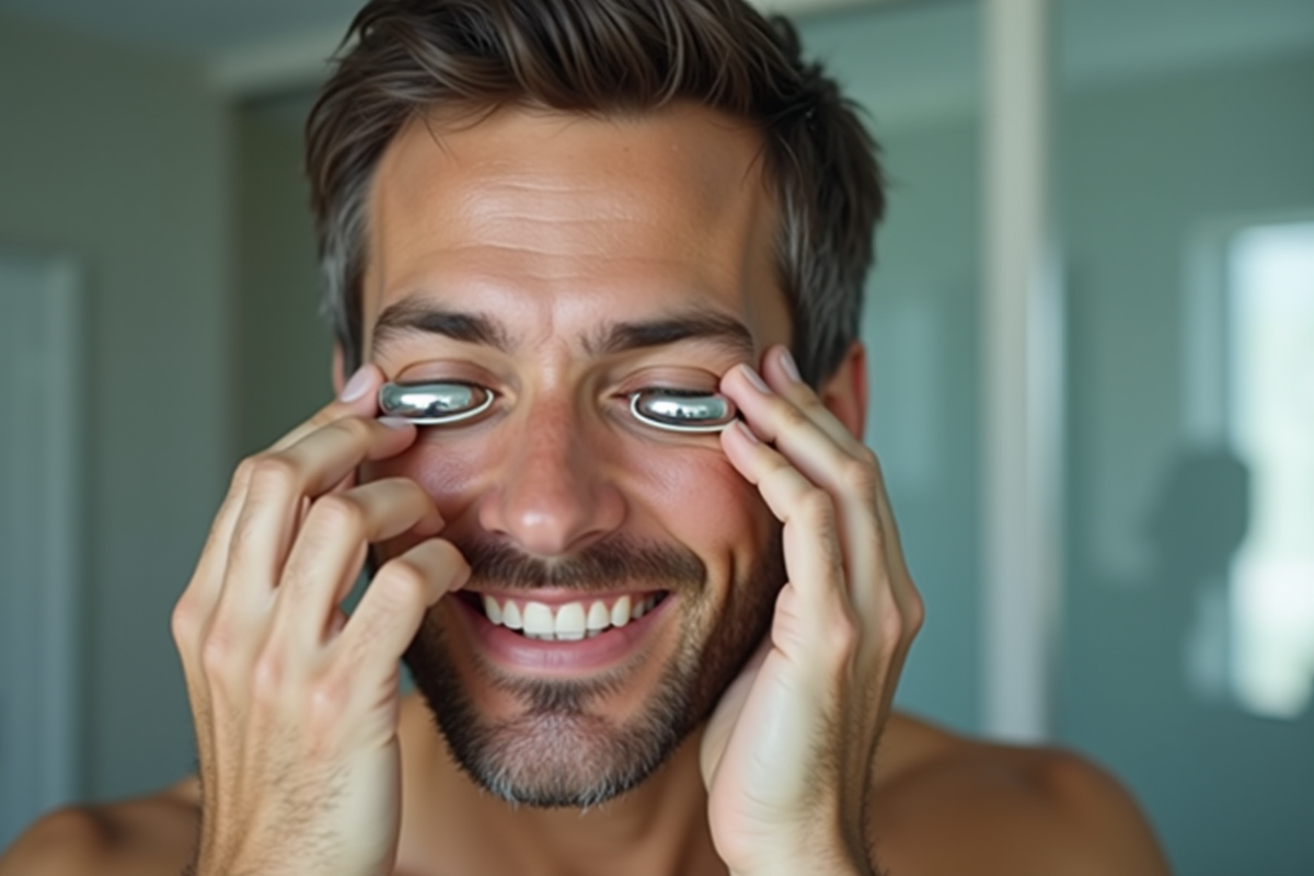 Homme utilisant des rouleaux métalliques sous les yeux dans une salle de bain