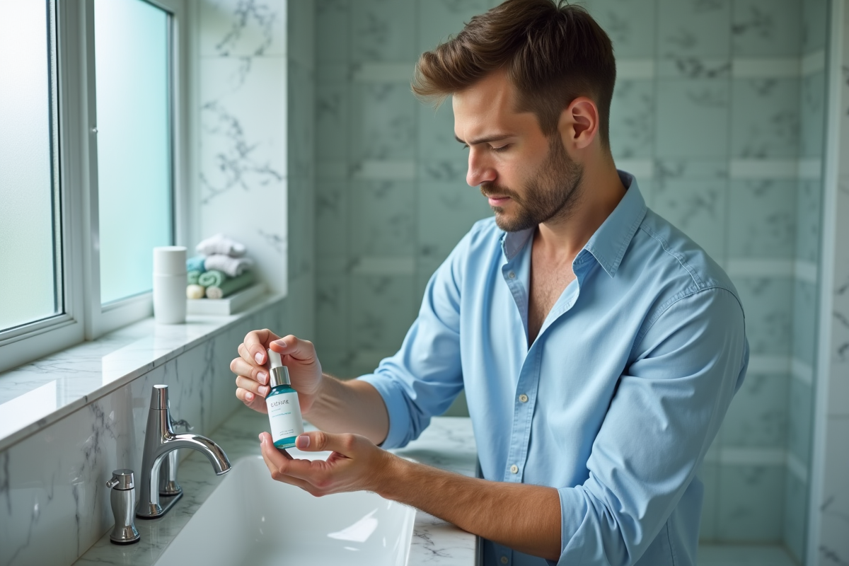 Homme choisissant un serum hydratant dans la salle de bain
