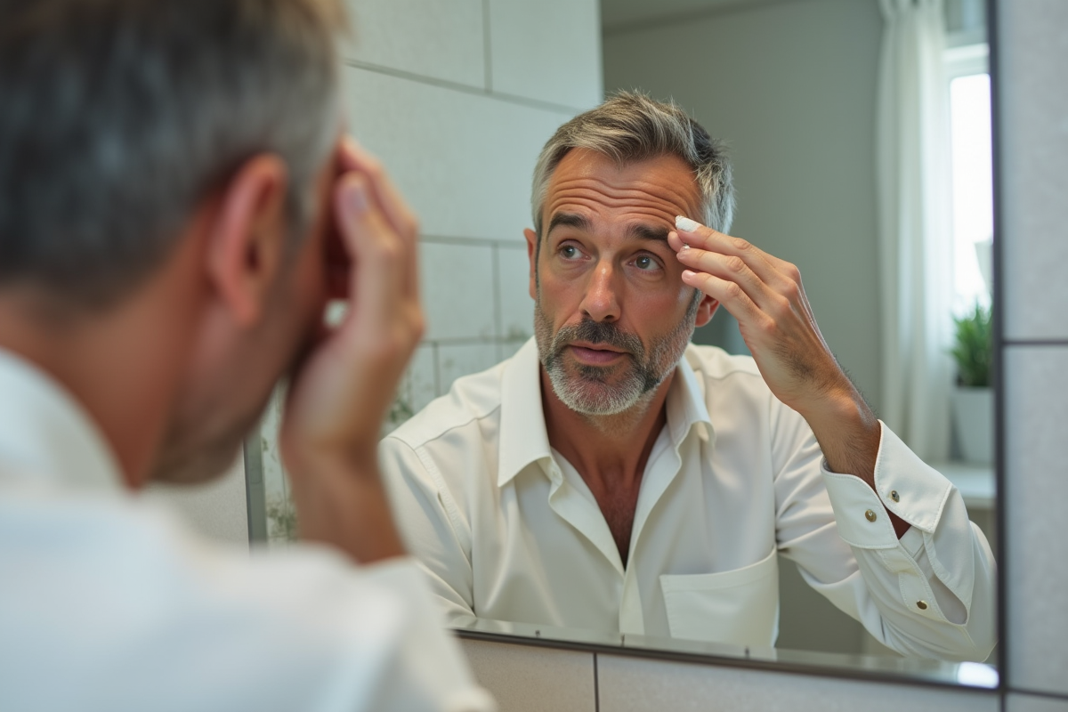 Homme appliquant une creme dans sa salle de bain