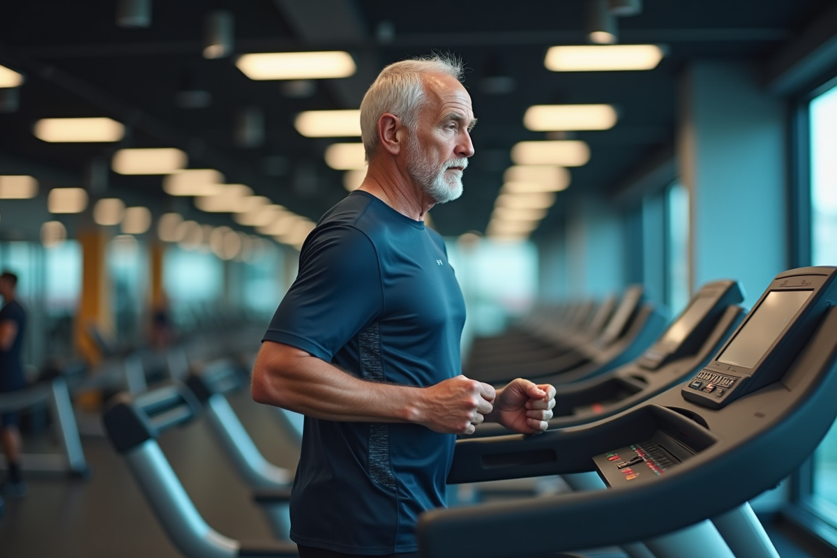 Homme plus âgé faisant du tapis de course en salle de sport