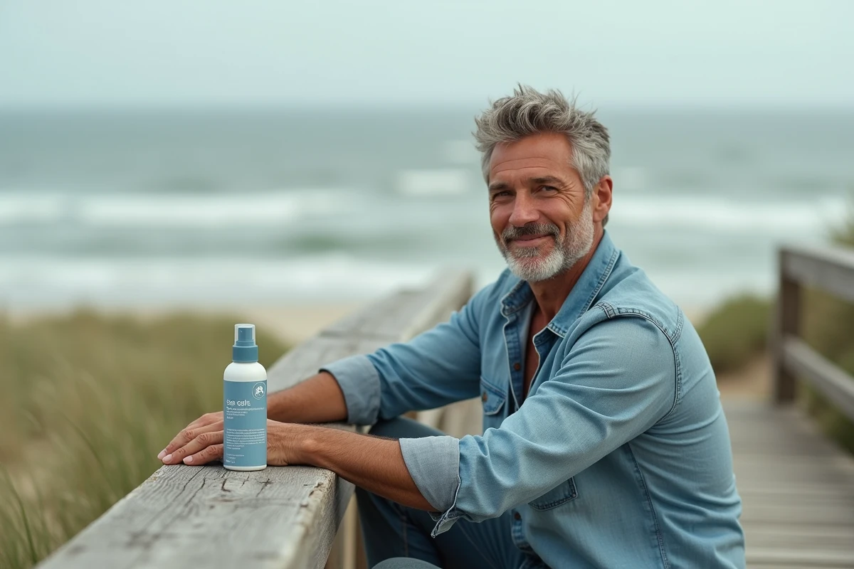 Homme aux cheveux texturés assis sur une promenade en bois au bord de la mer avec un spray sel marin et une crème hydratante