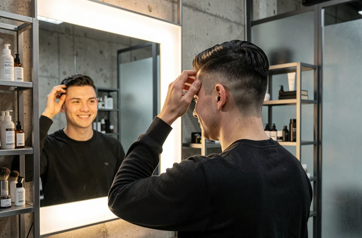 Homme admirant sa nouvelle coupe taper dans le miroir d'un salon de coiffure urbain contemporain