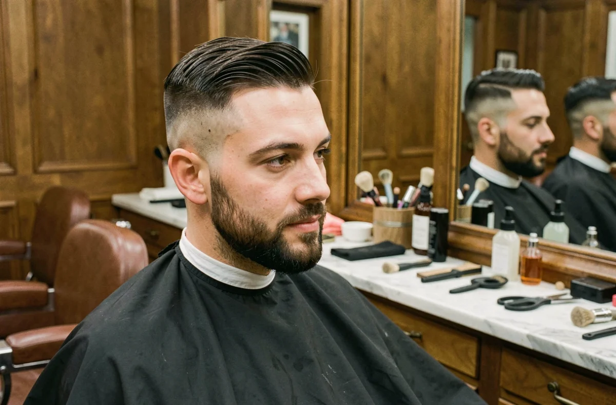 Homme aux cheveux taper fade et barbe bien définie assis dans un fauteuil de barbier classique, reflet visible dans le miroir vintage