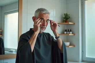 Homme aux cheveux blancs courts appliquant une teinture capillaire devant un miroir de salle de bain moderne