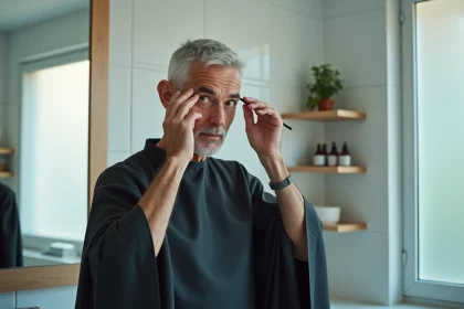 Homme aux cheveux blancs courts appliquant une teinture capillaire devant un miroir de salle de bain moderne