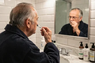 Homme aux cheveux gris clairsemés appliquant une teinture douce devant un miroir de salle de bain