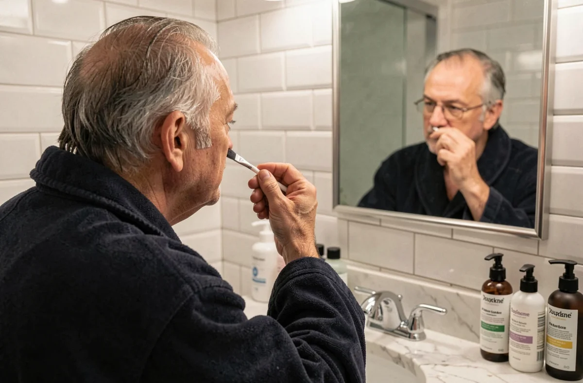 Homme aux cheveux gris clairsemés appliquant une teinture douce devant un miroir de salle de bain