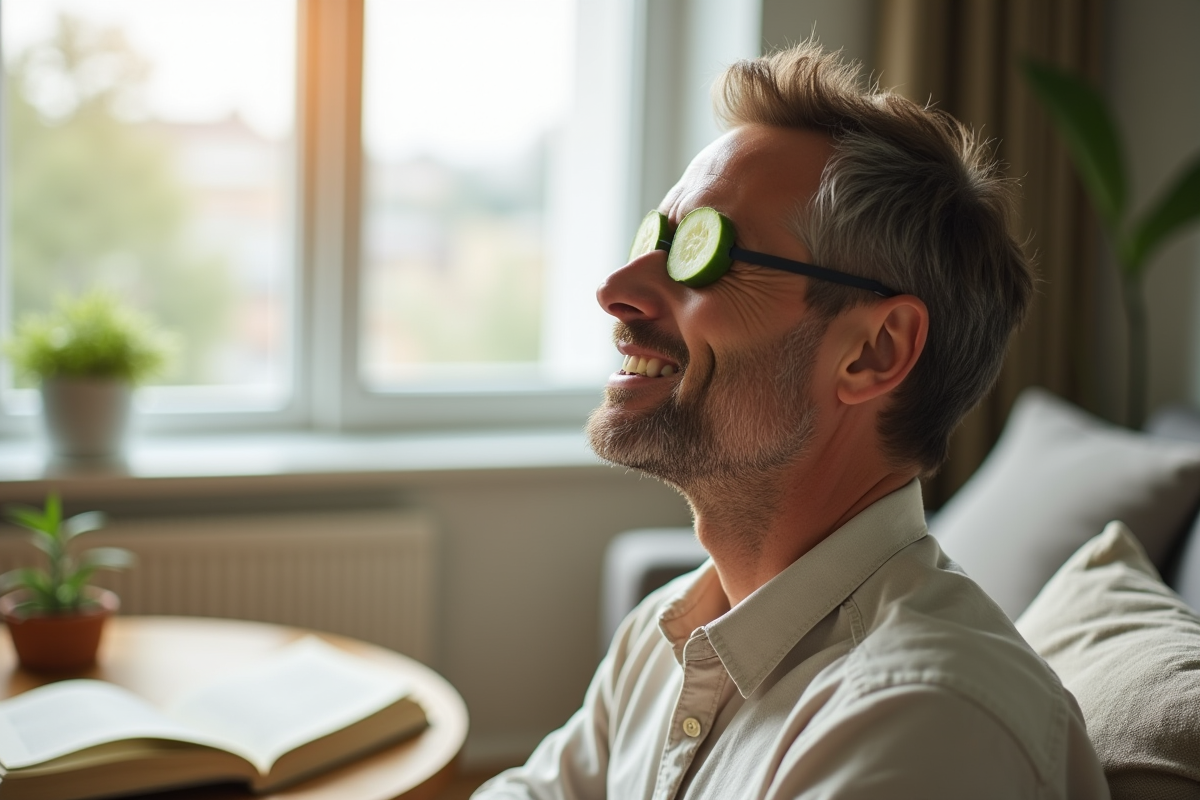 Homme posant des rondelles de concombre sur les yeux