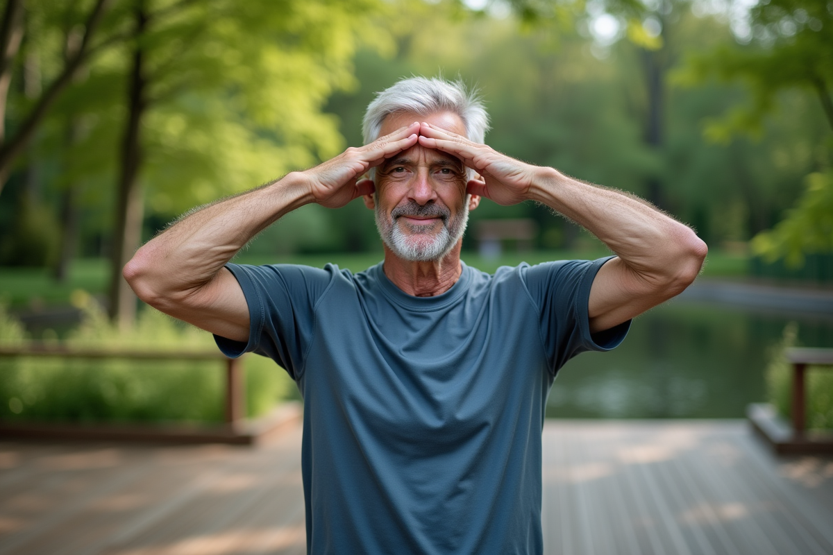 Homme mature pratiquant un geste de yoga en plein air