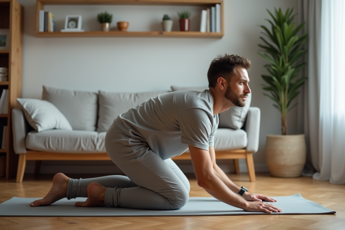 Jeune homme faisant du yoga dans un salon minimaliste