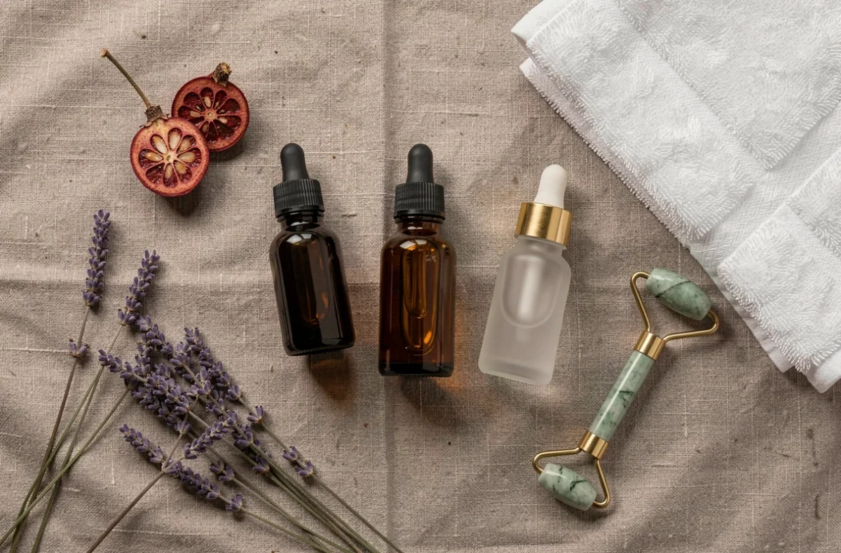Flat lay de trois flacons d'huiles hydratantes pour le visage entourés d'ingrédients naturels sur fond de lin texturé