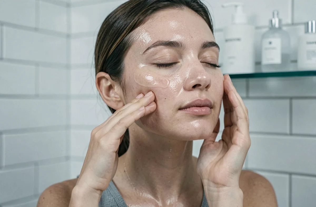 Femme à peau grasse appliquant une huile visage légère en massages circulaires sur la joue dans une salle de bain moderne