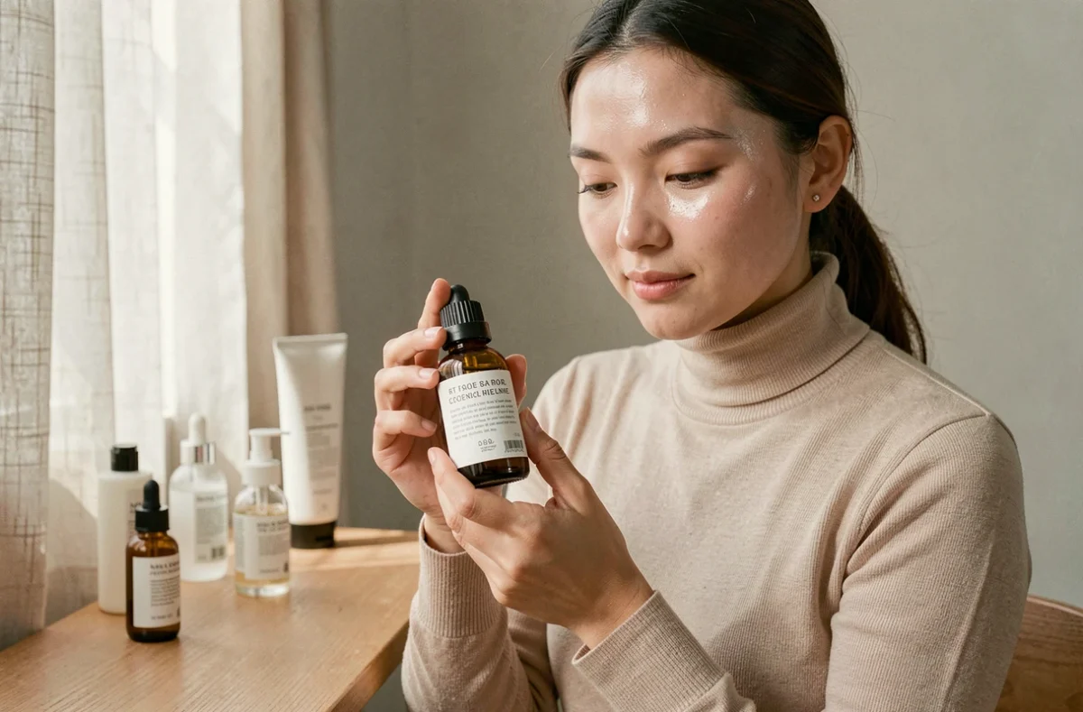 Jeune femme à peau mixte inspectant un flacon d'huile hydratante visage posé sur une coiffeuse en bois minimaliste
