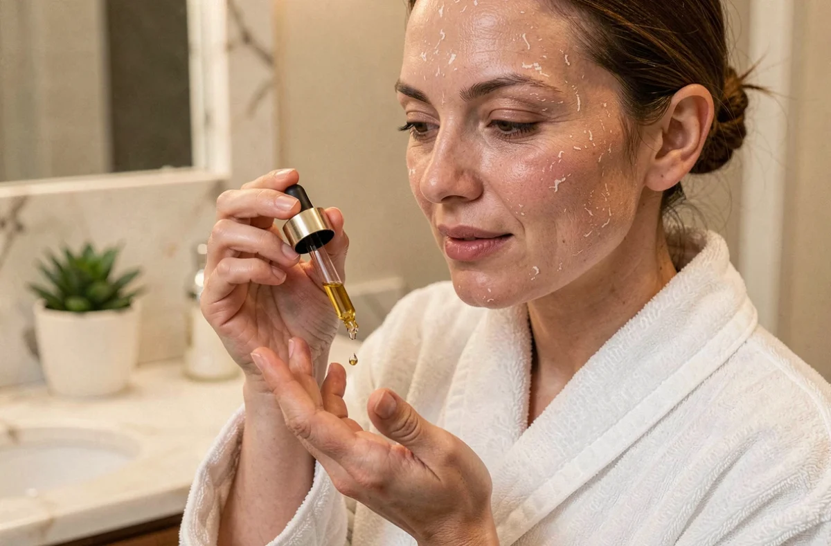 Femme aux cheveux châtains appliquant une huile visage dorée sur peau sèche devant un miroir de salle de bain en marbre