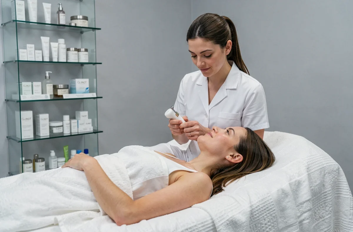 Esthéticienne réalisant un soin du visage Guinot sur une cliente dans une cabine professionnelle