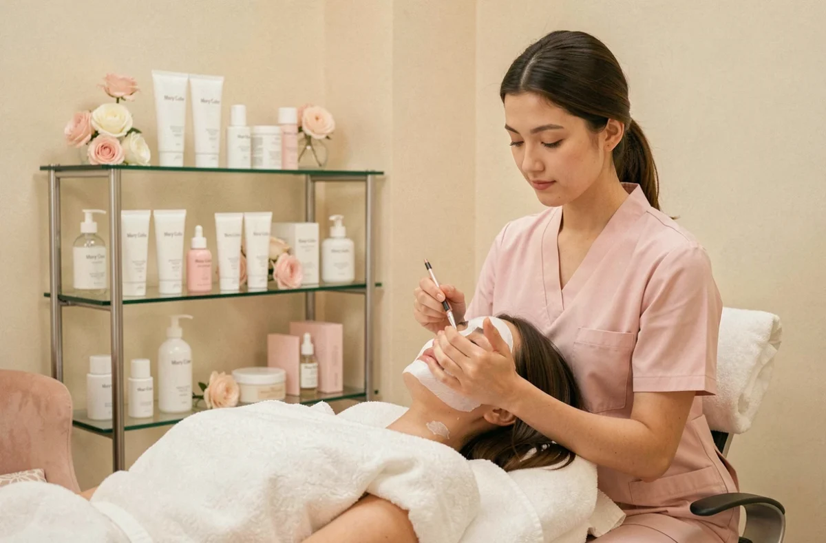 Soin du visage Mary Cohr appliqué par une esthéticienne dans un institut aux tons crème et rose poudré