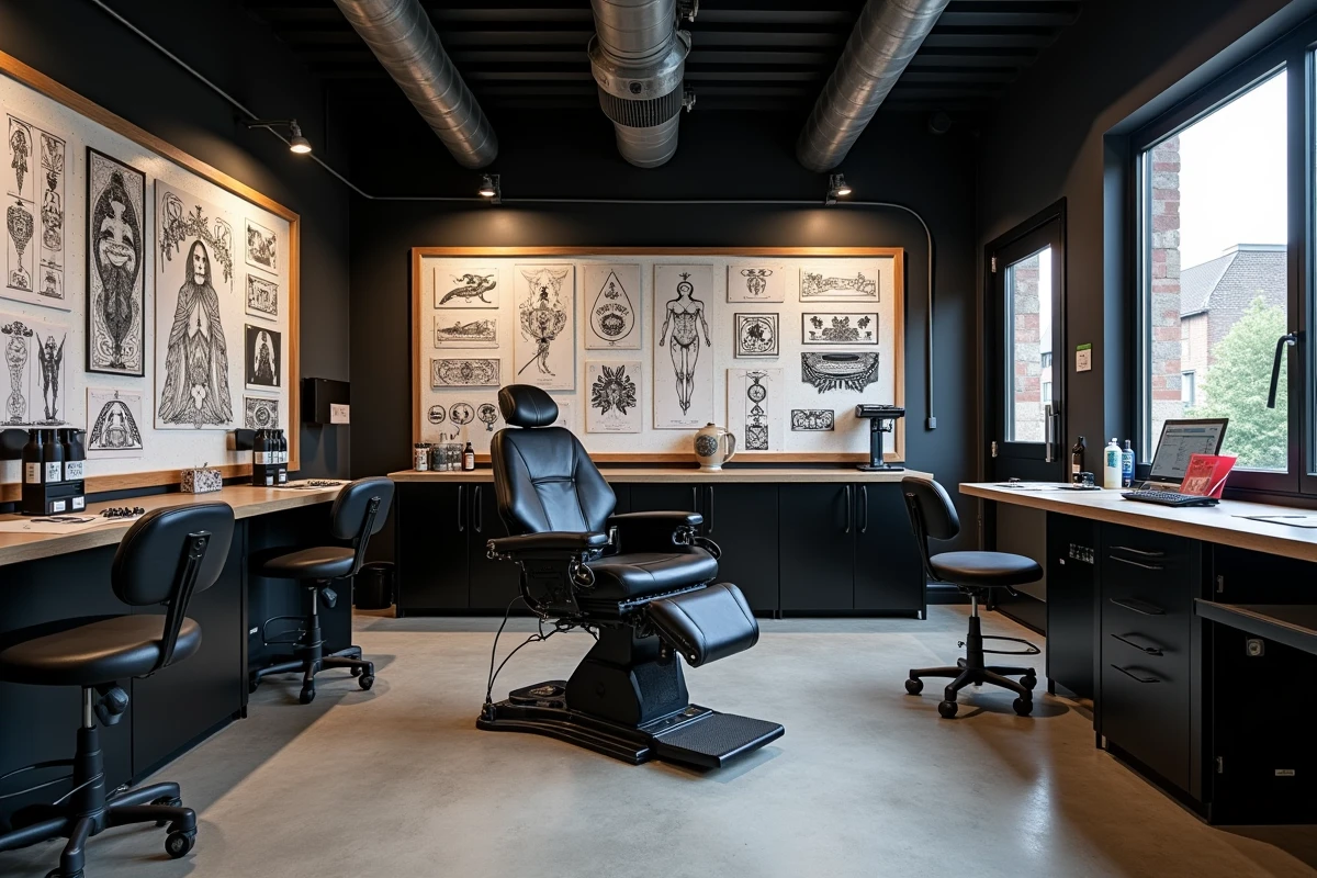 Intérieur d'un salon de tatouage graphique moderne à Toulouse avec station de travail organisée et planches de flash géométriques