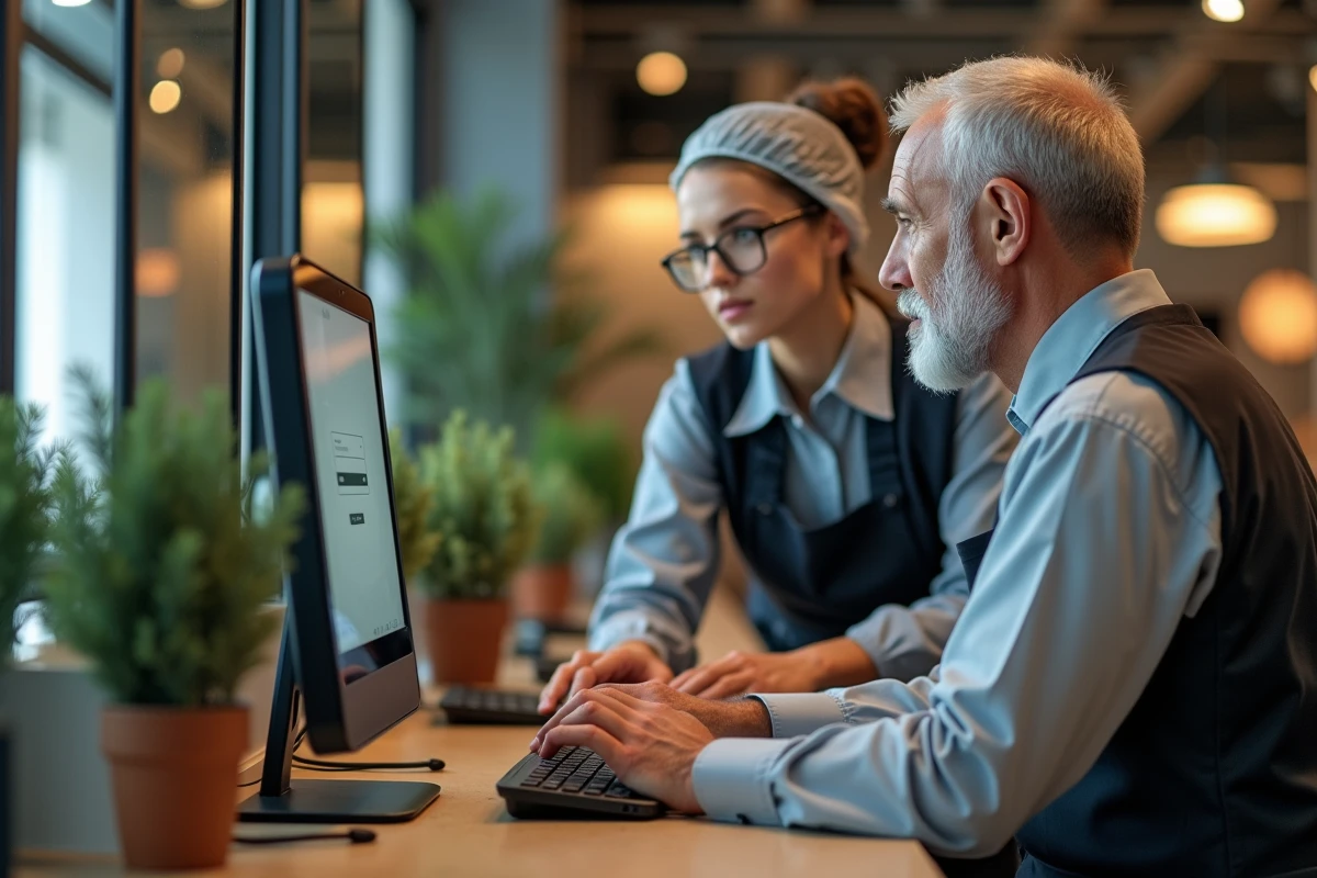 Jeune coiffeuse aidant un client à utiliser un terminal salon