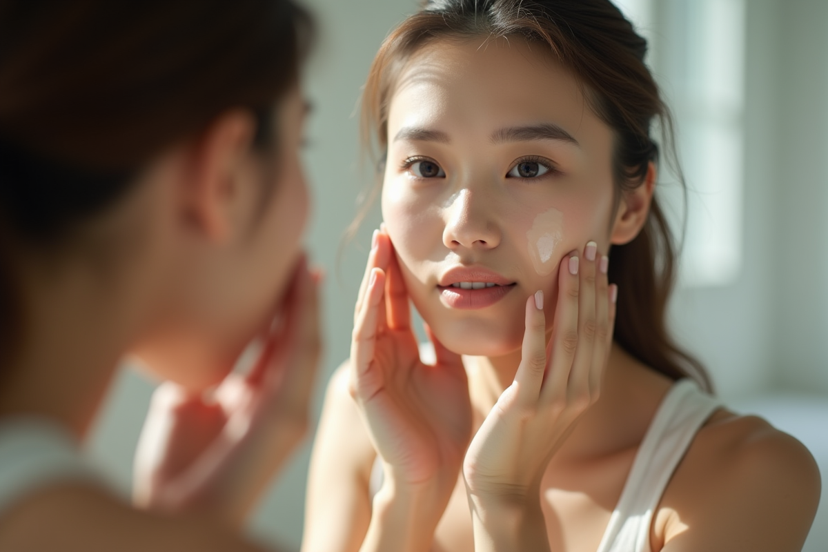 Jeune femme appliquant une creme visage devant miroir naturel