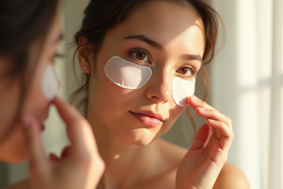 Jeune femme appliquant des masques pour les yeux au matin