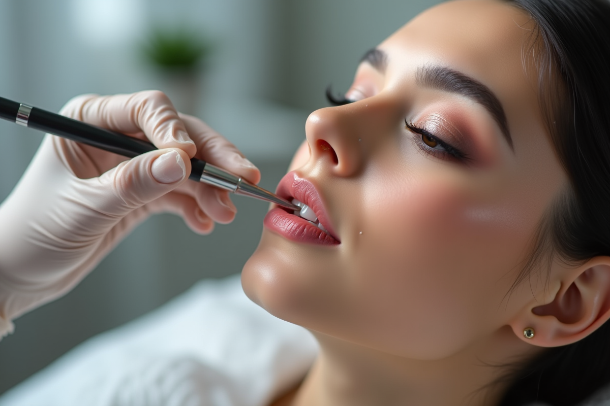 Jeune femme maquillage permanent lèvres en studio lumineux