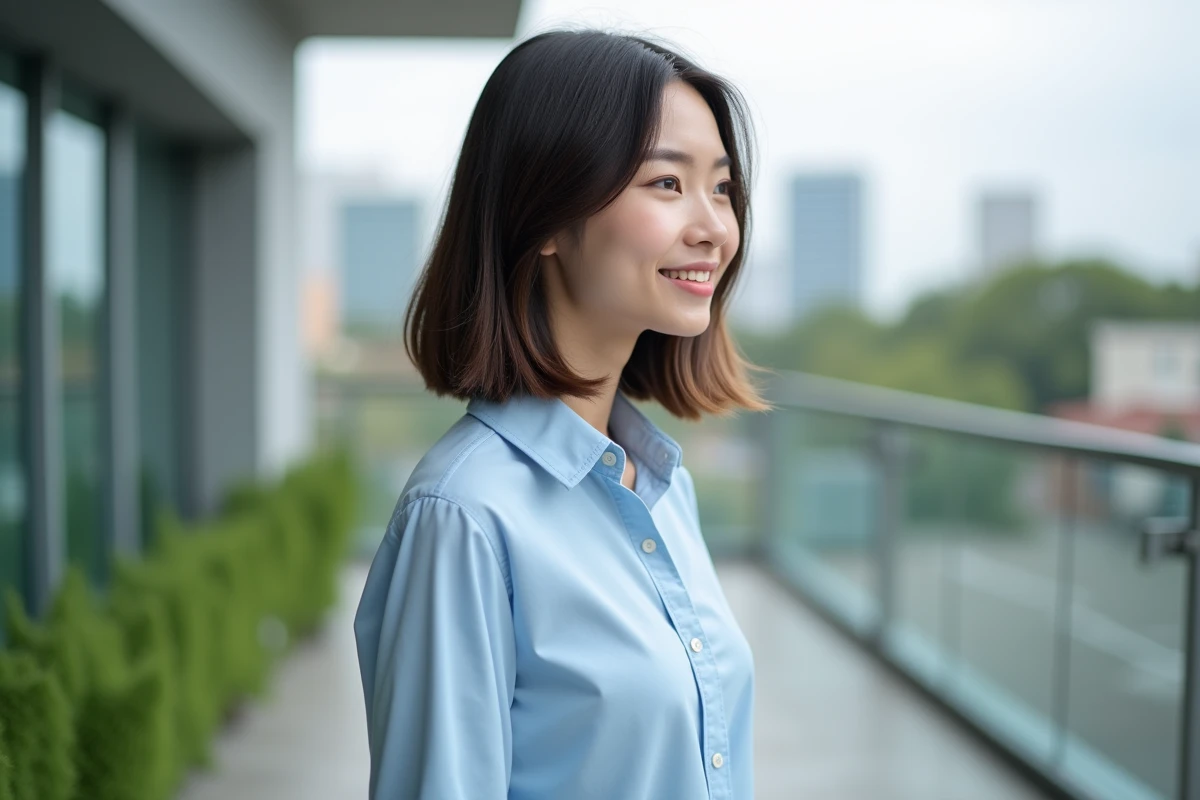 Jeune femme avec carré bob dans un cadre urbain