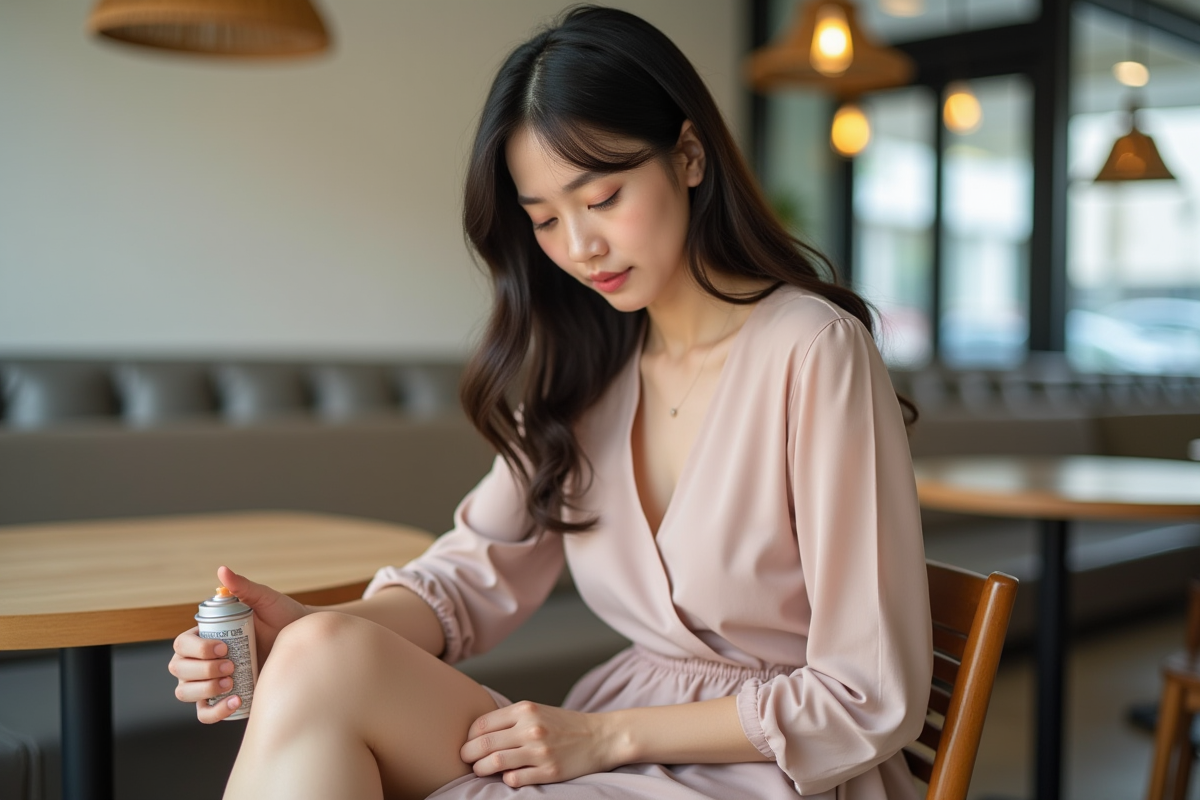 Jeune femme en robe pastel dans un café moderne