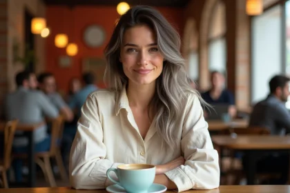 Jeune femme avec des cheveux blancs naturels assise dans un café, affichant une expression confiante et sereine