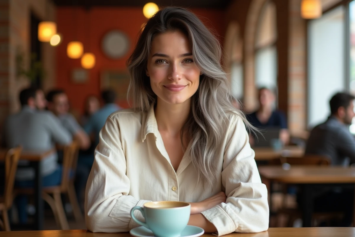 Jeune femme avec des cheveux blancs naturels assise dans un café, affichant une expression confiante et sereine