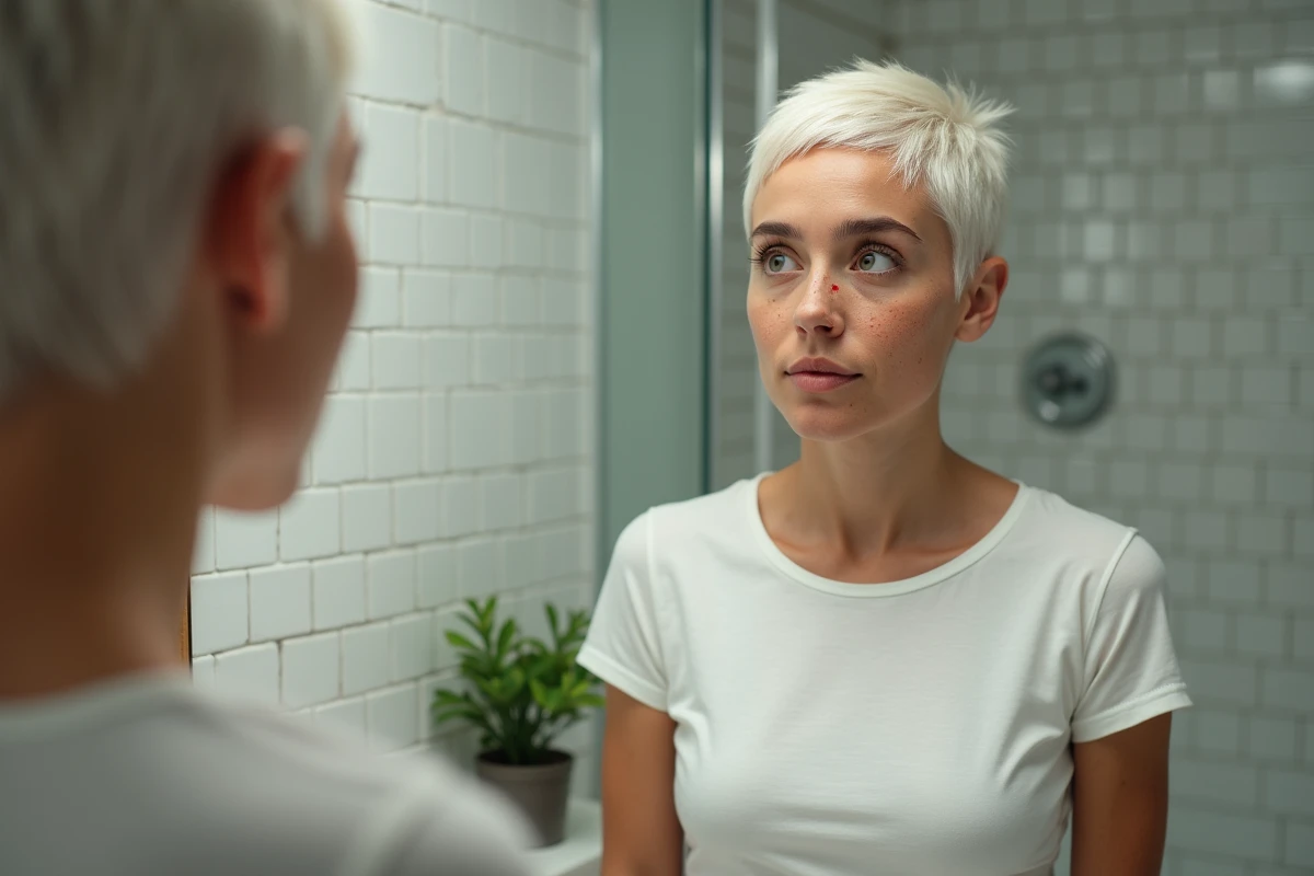 Jeune femme aux cheveux blancs courts se regardant dans un miroir de salle de bain avec une expression calme et introspective