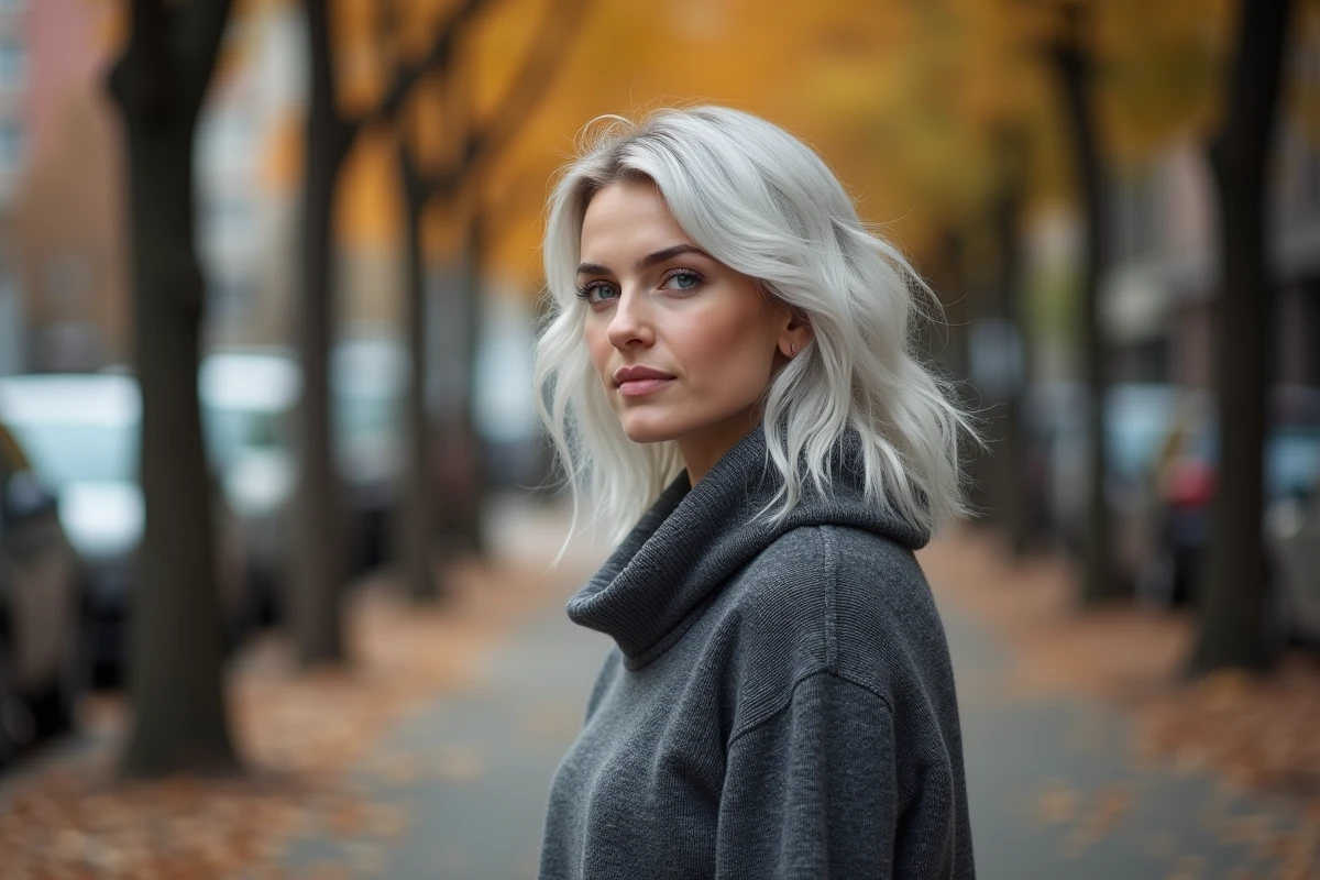 Jeune femme aux cheveux blancs naturels ondulés dans une rue en automne, posture assurée et regard serein