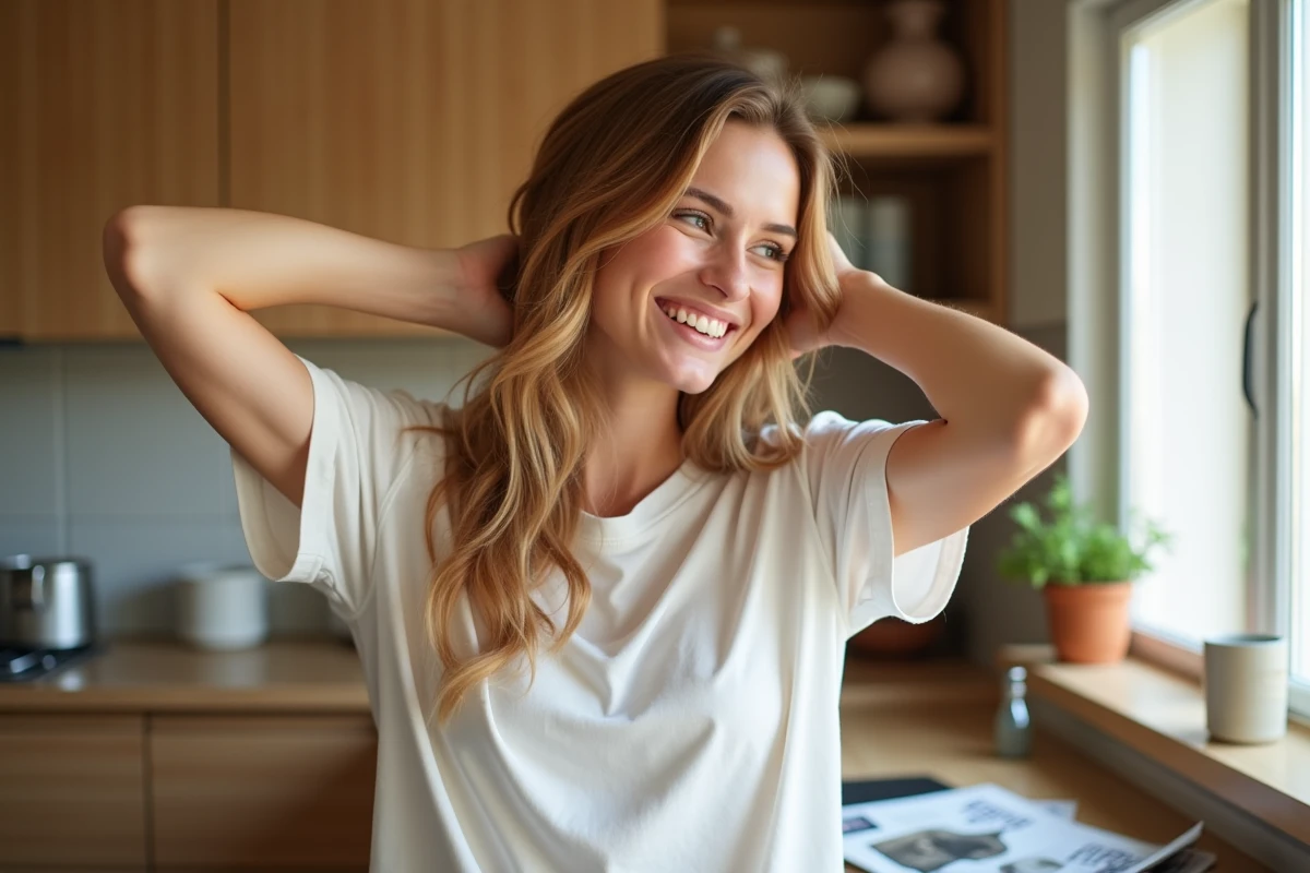 Jeune femme souriante avec cheveux longs dans la cuisine