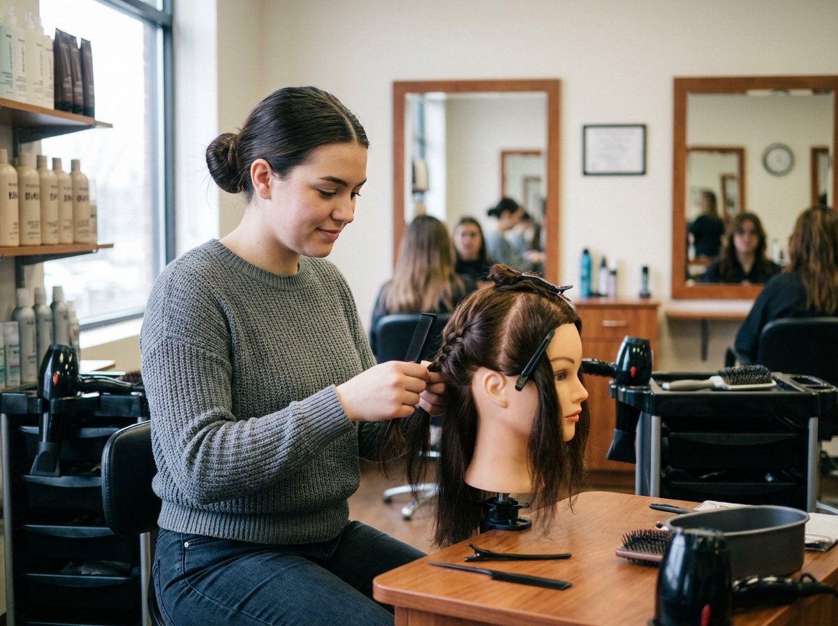 Jeune femme en coiffure pratique sur un mannequin dans une école de beauté
