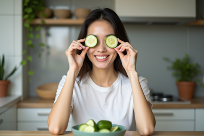 Jeune femme souriante avec concombre sur les yeux
