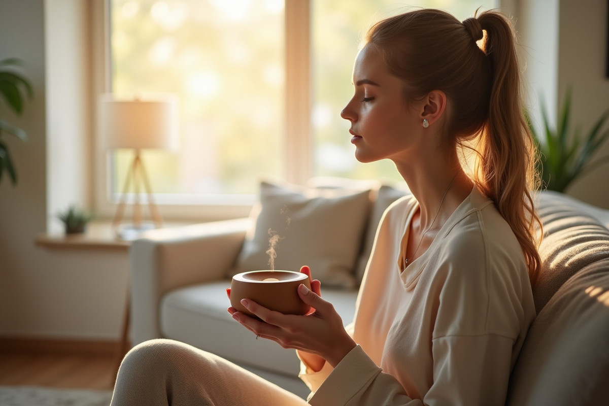 Jeune femme respirant des huiles essentielles dans un salon lumineux